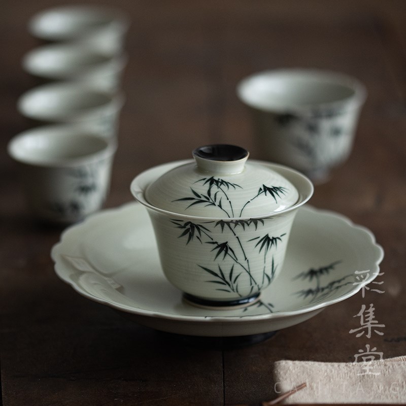 彩集堂 手绘墨竹盖碗 粉引釉下彩小号泡茶碗家用茶备个人茶杯茶具