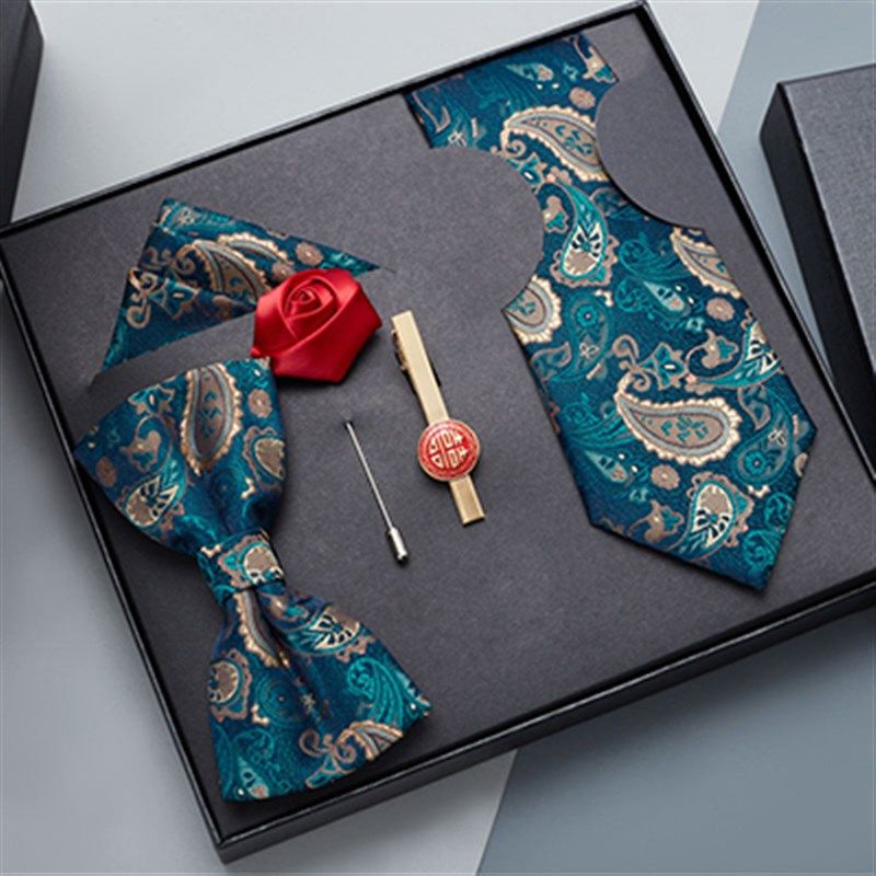 礼服5件套领带男正装商务结婚新郎领结方巾领带夹免打拉链手打8cm