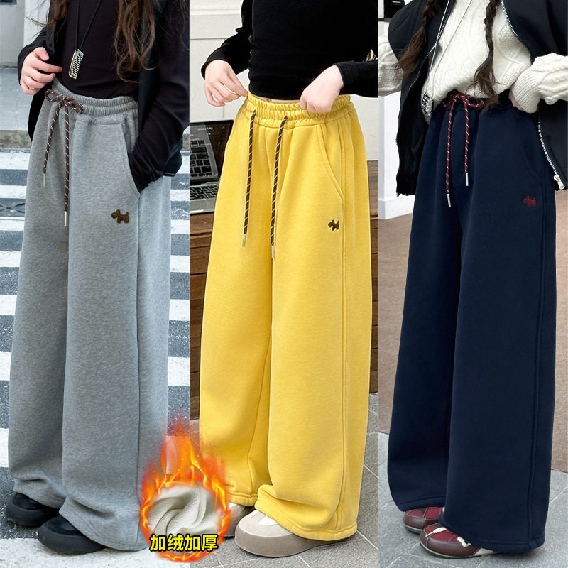 女童直筒裤子加绒秋冬新款中大童女孩外穿休闲运动裤一体绒加厚