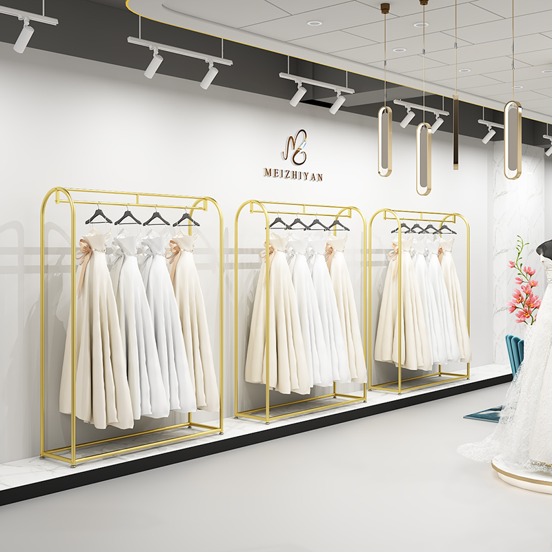 金色高档婚纱架子展示架落地式影楼工作室秀禾礼服店侧挂衣杆货架