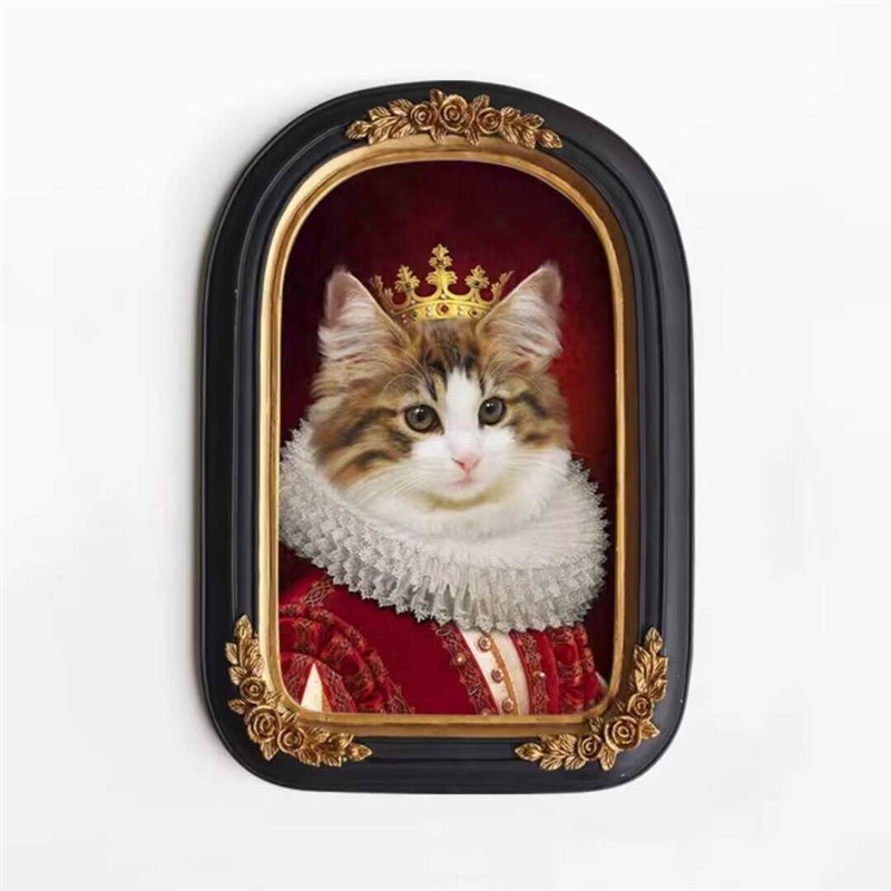 美式猫咪小众古典壁画卧室摆台复古怀旧装饰画法式花卉拱门形挂画图片