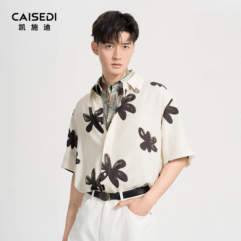 凯施迪宽松花朵半袖翻领衬衫男款