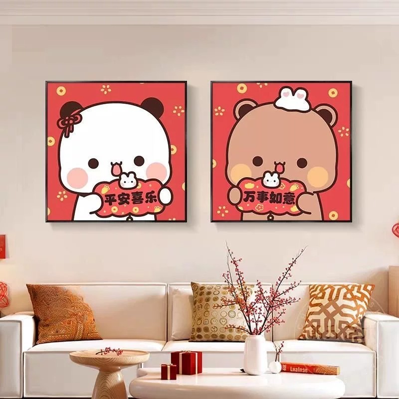 一二布布方形新年装饰画可爱卡通温馨浪漫治愈氛围卧室客厅摆挂画