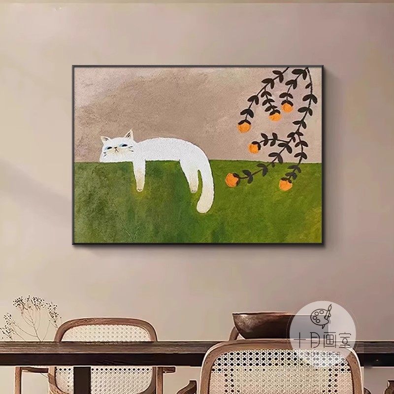 慵懒猫咪装饰画横版仿油画复古可爱抽象卡通高级感卧室客厅摆挂画
