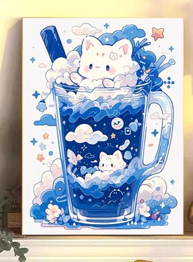 甜品猫猫装饰画卡通梦幻成品仿油画可爱治愈系儿童卧室房间摆挂画