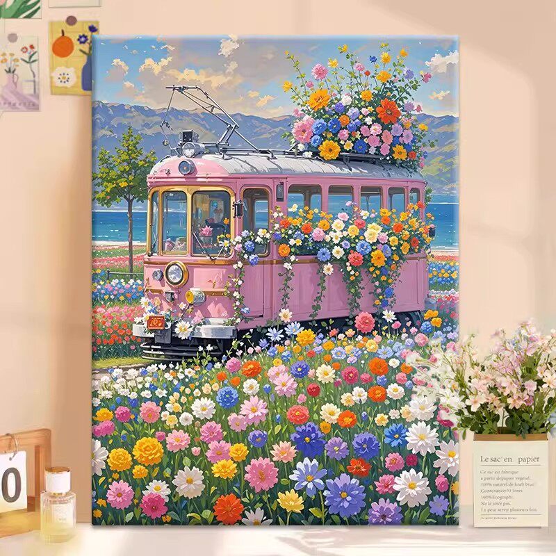 花漾列车粉色系卡通装饰画仿油画成品风景唯美治愈卧室客厅摆挂画