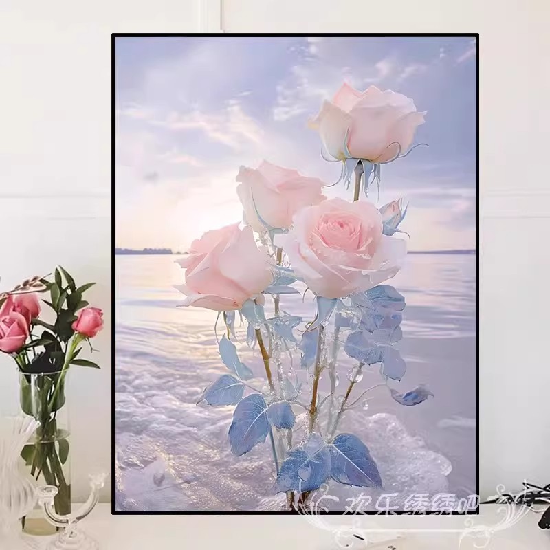 纯洁白玫瑰花治愈装饰画成品仿油画风景唯美高级感卧室客厅摆挂画
