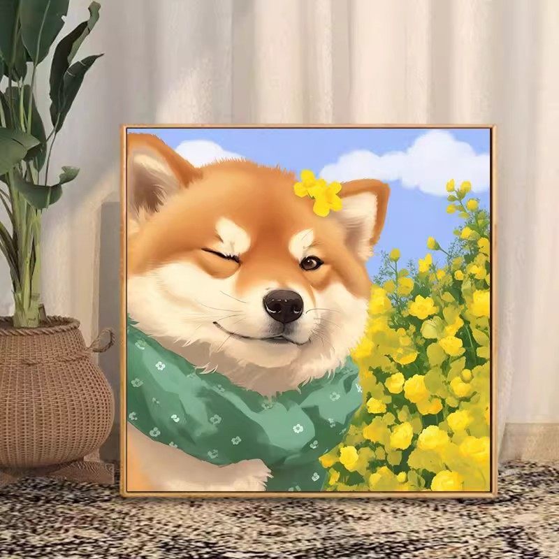 柴犬狗狗卡通可爱装饰画成品仿油画风景方形田园风卧室客厅摆挂画