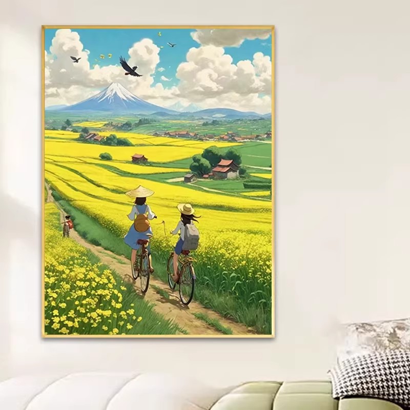 夏天骑行油菜花田园装饰画仿油画风景唯美清新治愈卧室客厅摆挂画