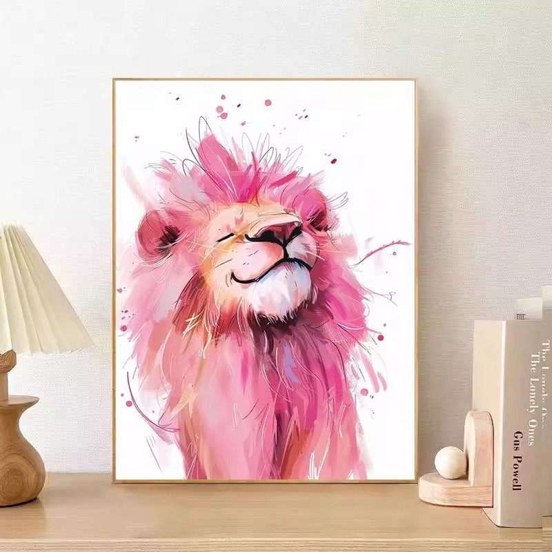 傲娇粉色狮子装饰画成品仿油画可爱卡通简约高级感卧室客厅摆挂画