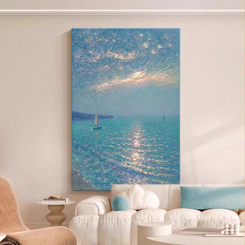 奶油风客厅装饰画海边风景肌理感成品现代简约沙发背景墙落地挂画
