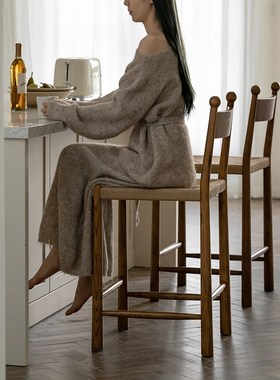 ooi法式藤编椅复古实木餐椅家用吧台椅岛台椅高脚椅子