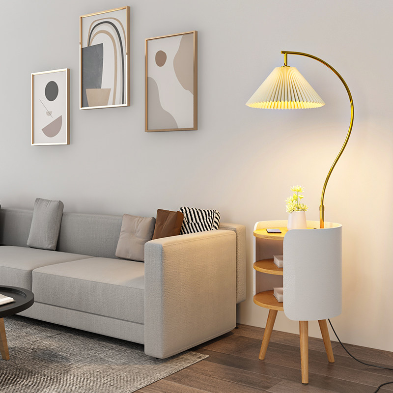 洞窝霖朗奶油风置物卧室床头柜台灯一体级感设计客厅沙发落地灯,家装灯饰光源,置物功能落地灯,淘宝优惠券,粉丝福利购,淘宝优惠卷