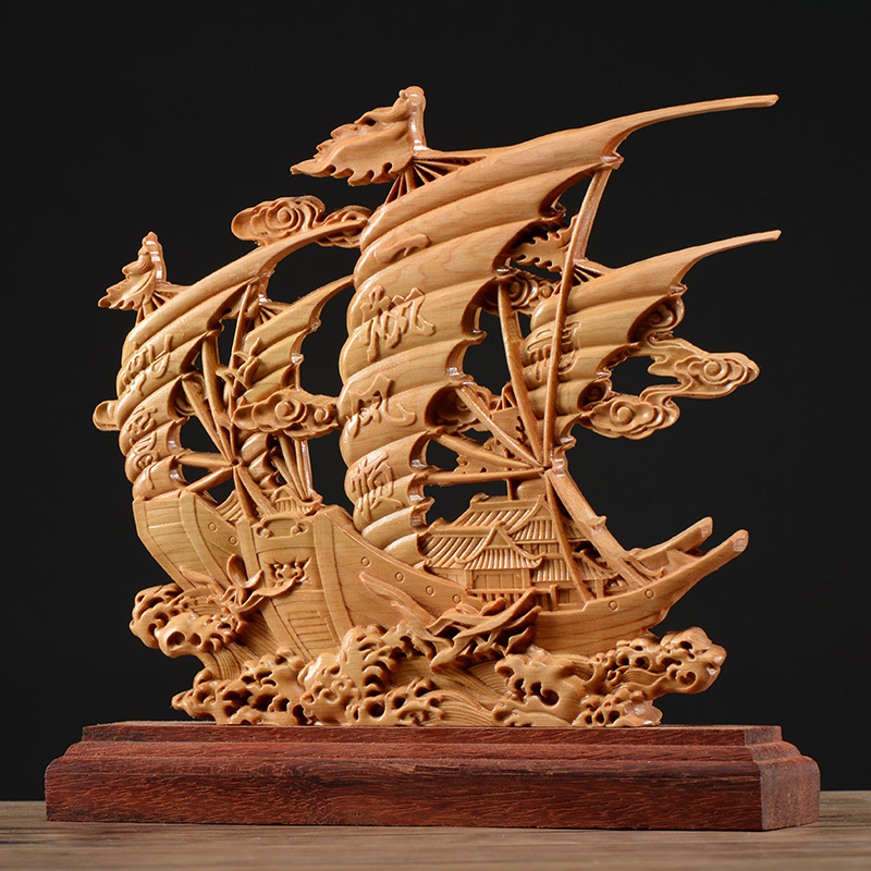 太行崖柏木雕一帆风顺龙头帆船摆件实木雕刻客厅店铺办公商务礼品