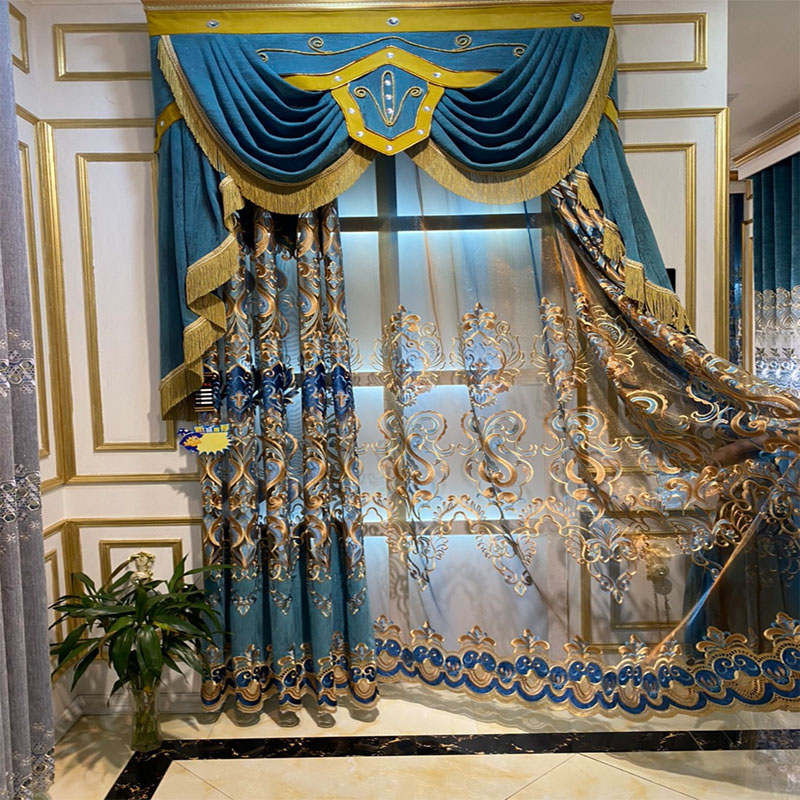 22新款奢华欧式蓝色雪尼尔绣花窗帘客厅书房卧室飘窗落地窗成品