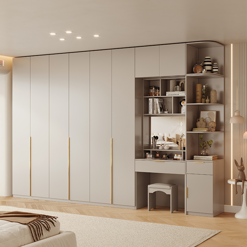 衣柜家用卧室奶油风一门到顶实木颗粒板现代带梳妆台衣橱