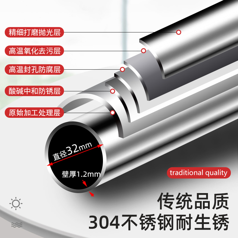 阳台晾衣杆顶装固定式晾衣架304不锈钢32mm加粗防风波浪线晒衣杆