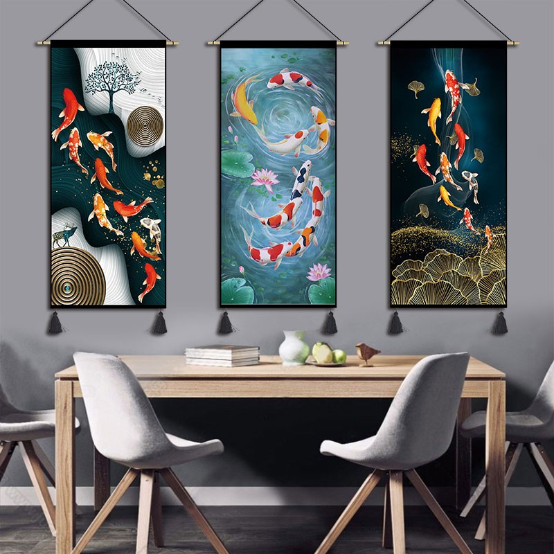 中式九鱼图挂画布艺贵族简约客厅餐厅挂毯酒店卧室装饰画玄关布画图片