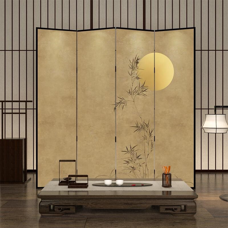 中式淡雅意境屏风隔断折叠移动客厅酒店装饰水墨竹子月圆折屏