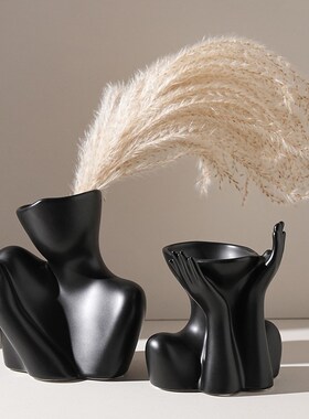 陶瓷瓶客厅插高级感设计黑色现代样板间极简艺术软装饰品