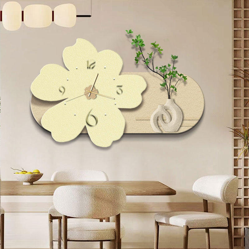 奶油风饭厅装饰画钟表饭厅挂画高级感砂岩立体实物画客厅挂钟壁画
