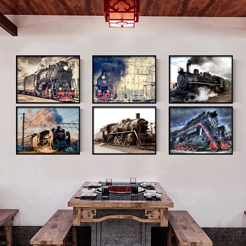 工业风蒸汽火车挂画复古列车饭店老照片壁画怀旧民国风装饰画