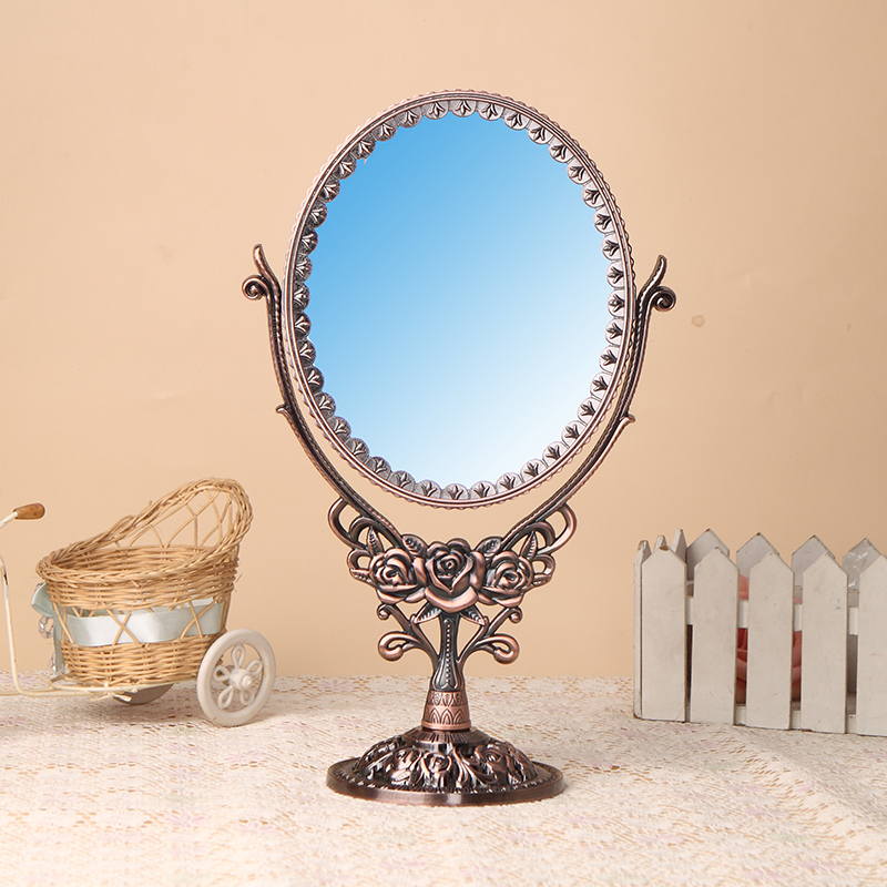 欧式田园公主可爱复古铜色椭圆梳妆镜台式化妆镜双面高清中号镜子