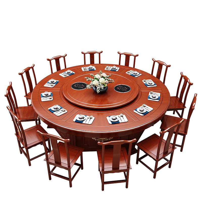 酒店电动餐桌大圆桌2人带转盘旋转实木人饭店包厢火锅桌子