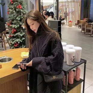 本命c年新年红色高领毛衣裙女2024秋冬宽松慵懒风加厚外穿 中长款