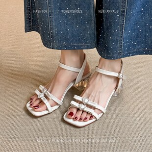 粗跟凉鞋 2025新款 绝美法式 j女夏季 41到4 水钻仙女风一字带大码 女鞋