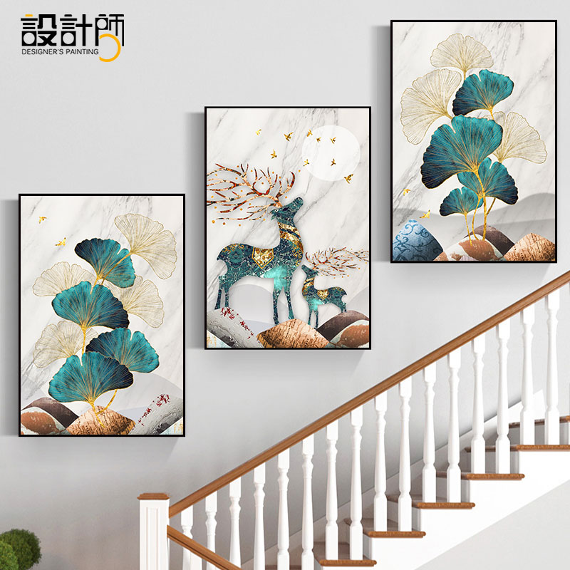 楼梯间装饰画现代简约客厅墙面壁画走廊过道墙画楼道麋鹿三联挂画图片