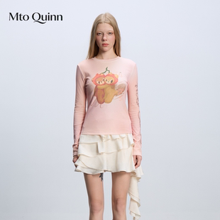 MTO QUINN新品抱抱小熊印花修身显瘦长袖T恤女款上衣圆领薄款防晒