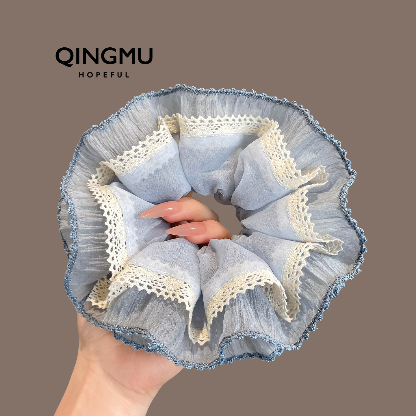 奶霜蛋糕~ 蓝色蕾丝网纱大肠发圈甜美气质扎马尾发绳丸子头花皮筋