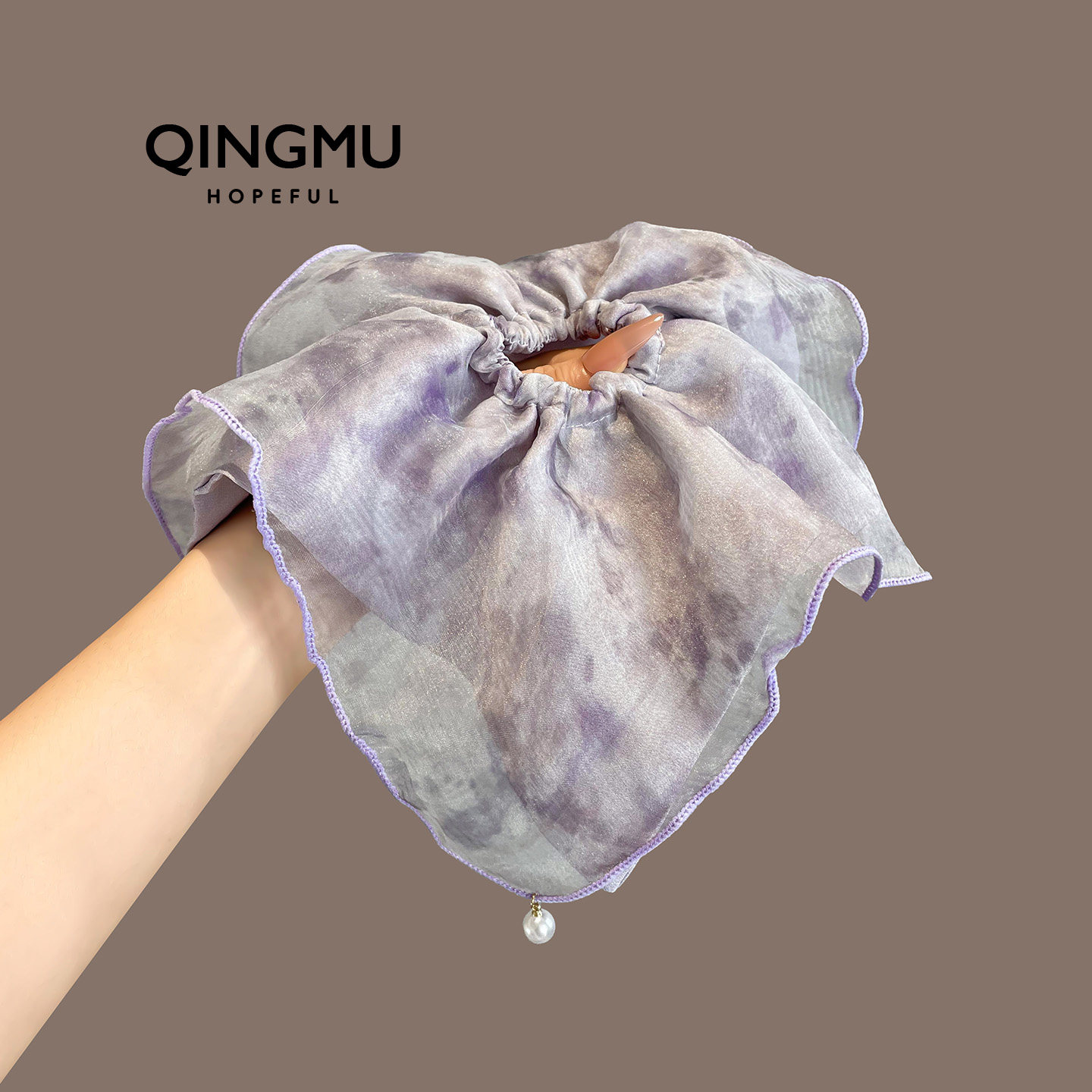新中式紫色网纱吊坠方巾大肠发圈女气质扎低马尾发绳大号皮筋发饰