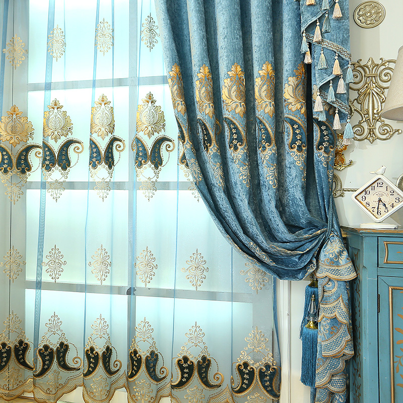 雪尼尔欧式绣花纱大气窗帘成品加厚遮光客厅帘幔落地窗