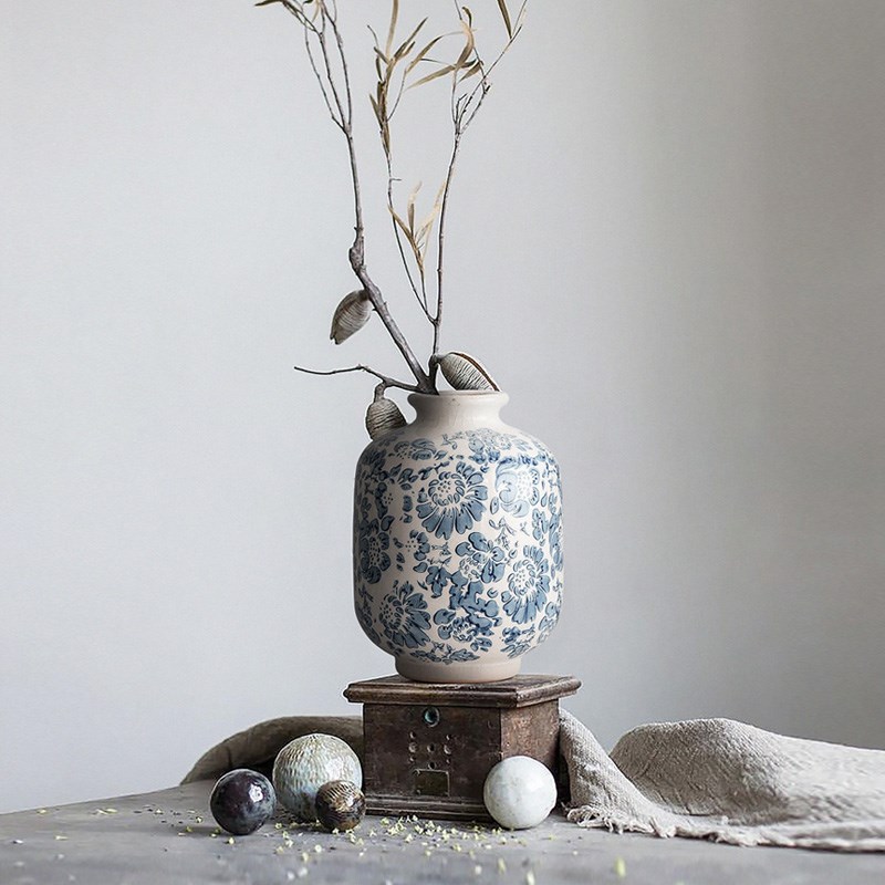 久伴法式复古陶瓷小花瓶青花瓷水培鲜花插花客厅桌面装饰摆件中式