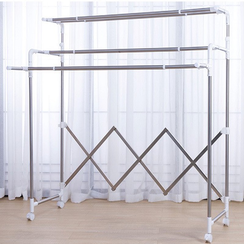 韩式晾衣架落地移动式带轮子可折叠省空间大容量三杆式晒衣架大型