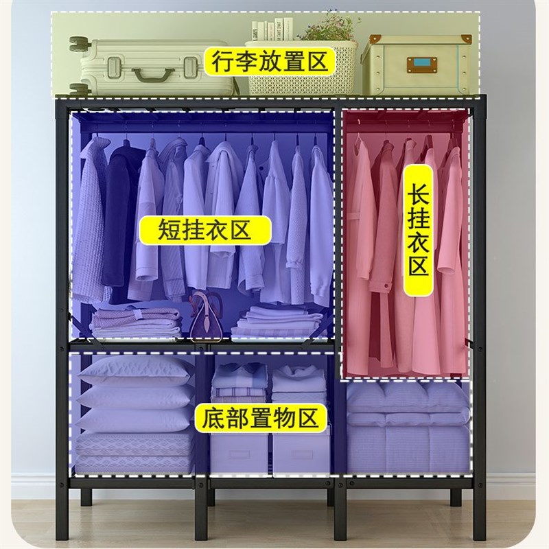 折叠碳钢免安装布衣柜衣橱家用宿舍出租房全钢架卧室一体式