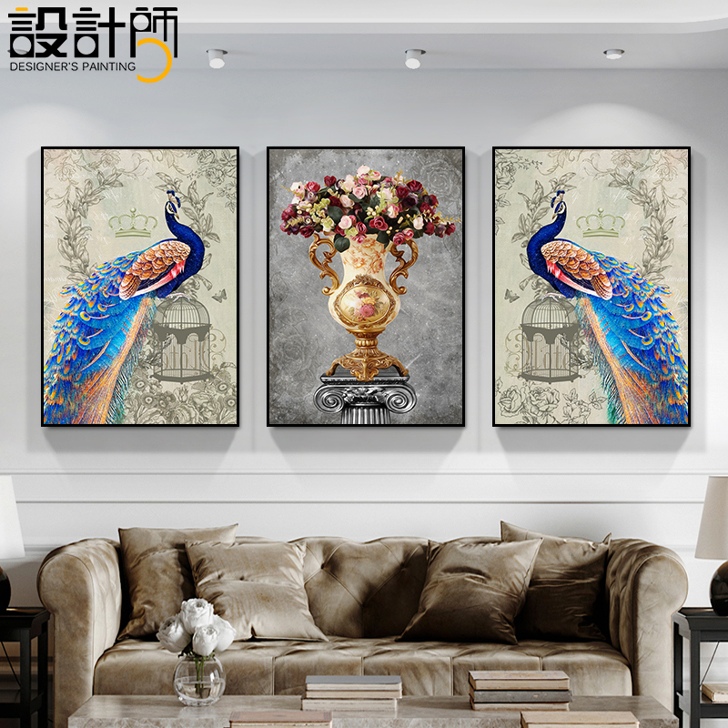 欧式客厅沙发背景墙装饰画孔雀挂画三联画寓意好美式卧室床头壁画图片
