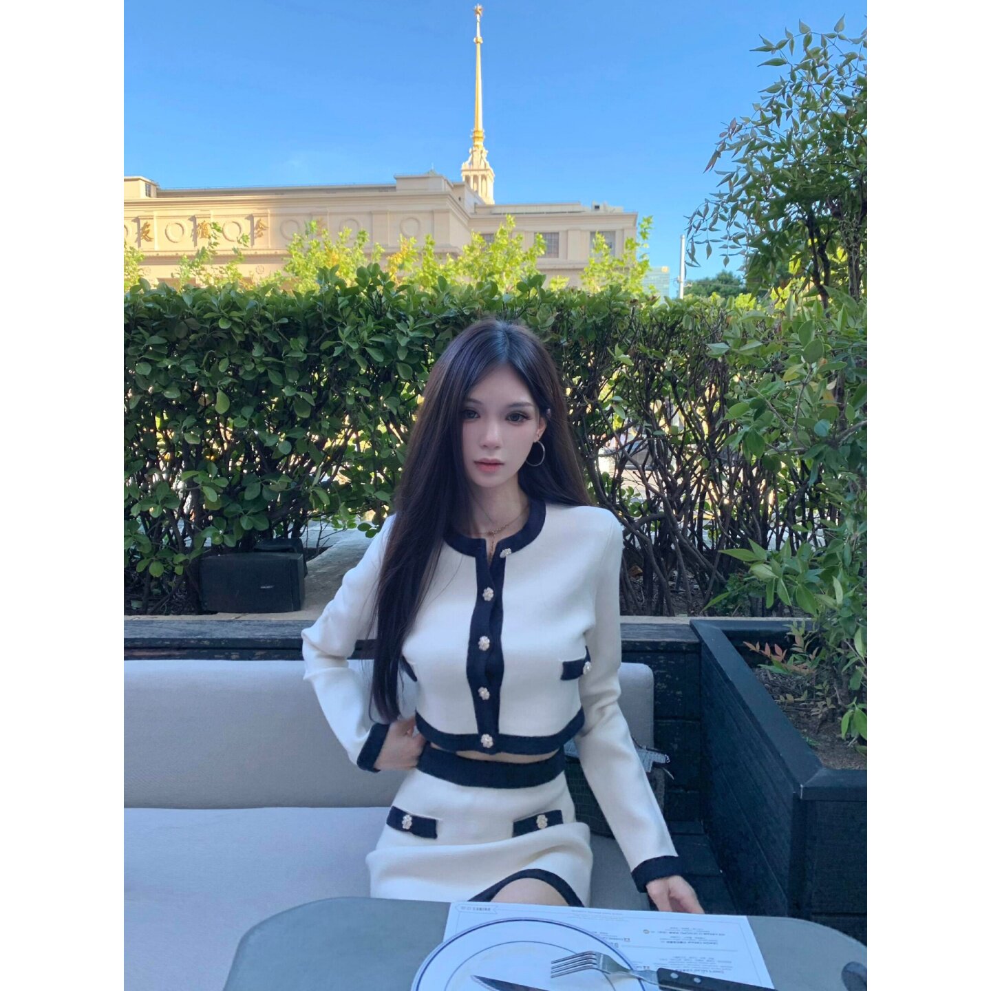 富家千金套装女秋季小香风长袖短款开衫外套包臀短裙子名媛两件套