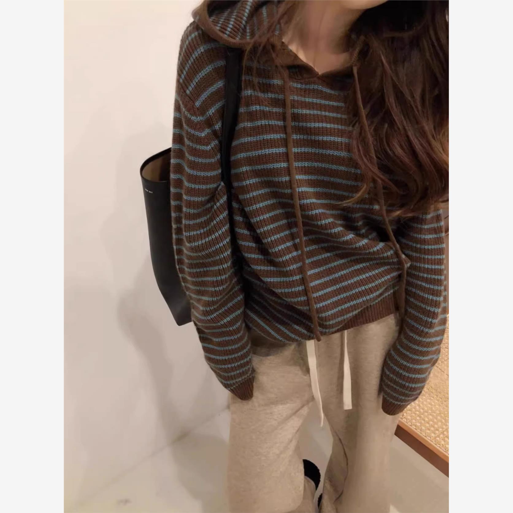 春秋连帽羊毛衫女宽松慵懒风条纹毛衣针织衫打底带帽卫衣百搭软糯