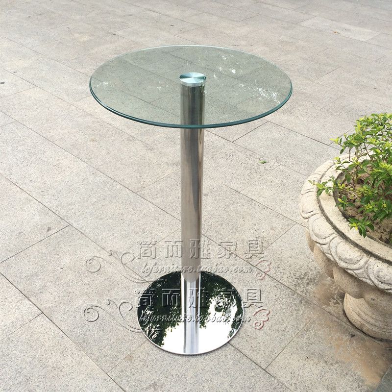 稳重钢化玻璃酒吧圆桌不锈钢脚家用高脚桌鸡尾酒桌展会拆装吧台桌