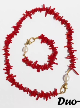 青岛原创不规则红色山瑚项链手链耳环套装淡水珍珠锁骨链度假项链
