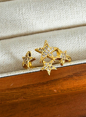 青岛出口韩版时尚百搭五角星小星星满钻戒指开口戒指指环