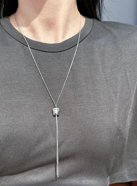 青岛出口小众极简几何方形蛇骨链条长项链抽拉可调节叠戴毛衣链