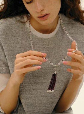 青岛出口松果黑玛瑙石榴珍珠流苏长项链水晶串珠毛衣链小众项链