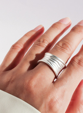 小众复古手工肌理哑光金银色叶片戒指时尚波浪线条开口粗款指环