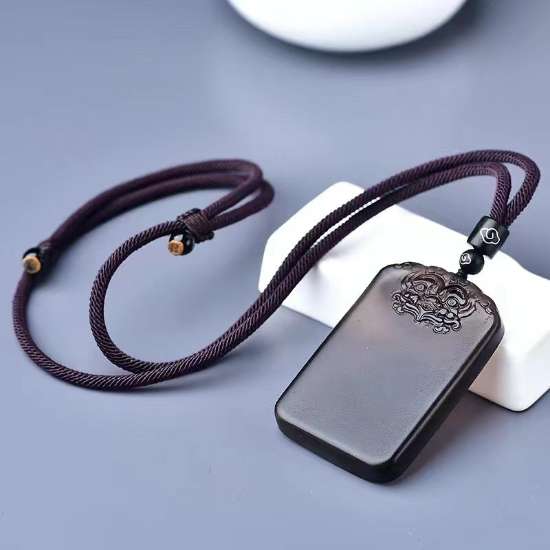 天然黑曜石貔貅平安无事牌吊坠情侣光面无字牌项链