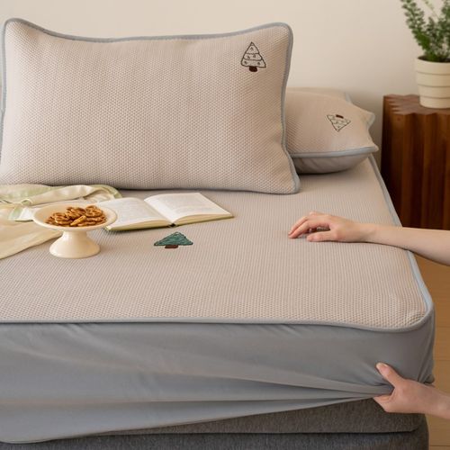 夏季冰丝凉席床笠三件套纯色简约软席子可折叠1.2宿舍可机洗折叠