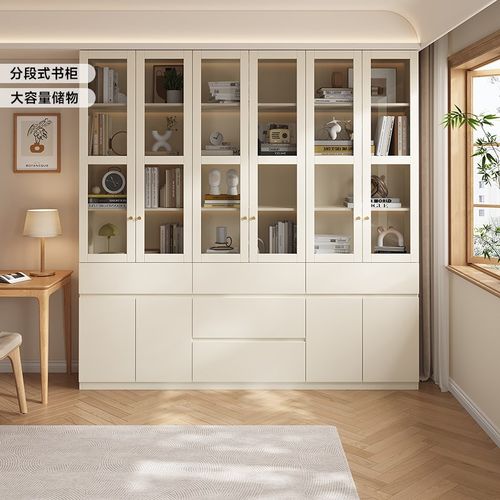 定制ENF级实木书柜客厅家用玻璃门书架一体整墙带抽屉储物展示柜